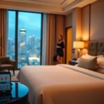 Luxury hotel room with city view, smartphone showing hotel app