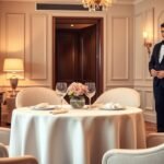 Elegant dining table set for two with waiter in background