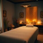 Serene spa room with massage table, candles, and calming decor. Perfect for relaxation and wellness.