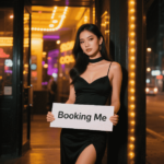 Woman in black dress holding "Booking Me" sign. KL escort.