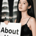 Woman holding a sign that says "About Us