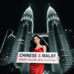 Woman in red dress holding sign: "Chinese & Malay | Escort | Callgirl | Incall & Outcall" in front of Petronas Towers.
