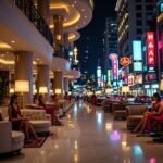 Elegant hotel lobby at night, women in red dresses seated on plush sofas.