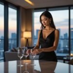 Elegant woman in black dress sets wine glasses on a table overlooking city skyline at sunset.