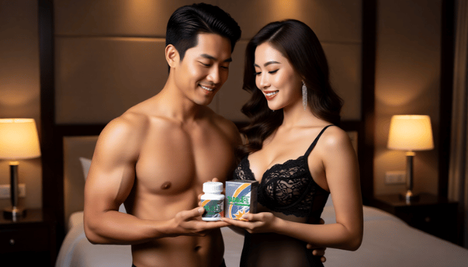 Couple holding Cialis Tadalafil 100mg, promoting performance enhancement.