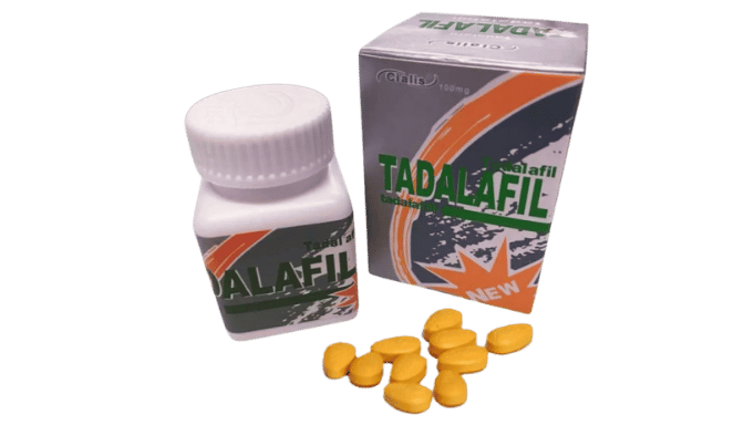 Tadalafil tablets and packaging. Text: Tadalafil, Cialis 100mg.