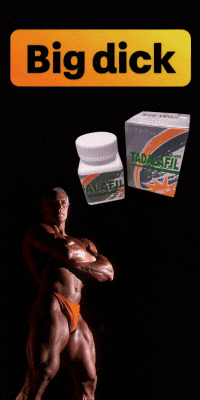 Tadalafil pills for men's health, with a muscular bodybuilder. Text: "Big dick.