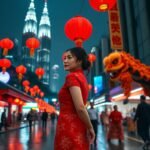 Woman in red dress at Chinese New Year celebration, Kuala Lumpur, Malaysia. Lanterns and Petronas Towers in background.