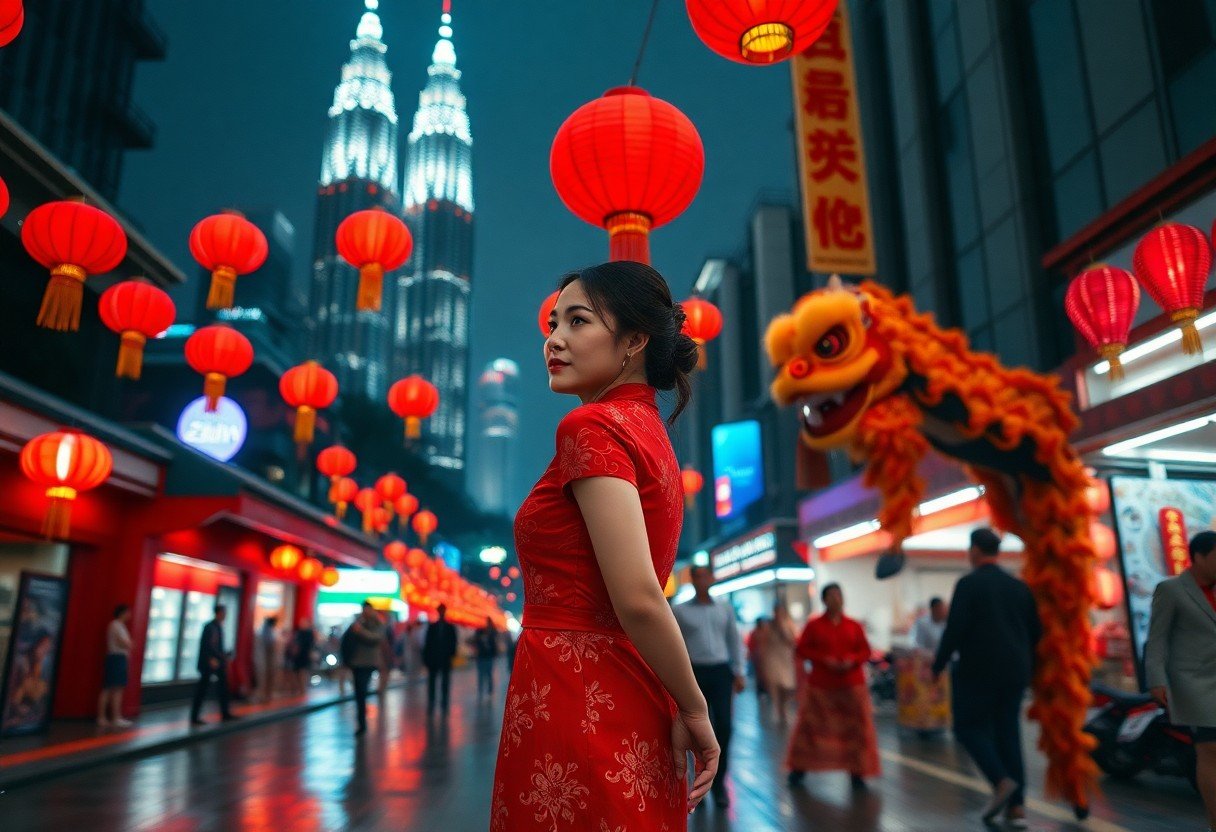 Woman in red dress at Chinese New Year celebration, Kuala Lumpur, Malaysia. Lanterns and Petronas Towers in background.