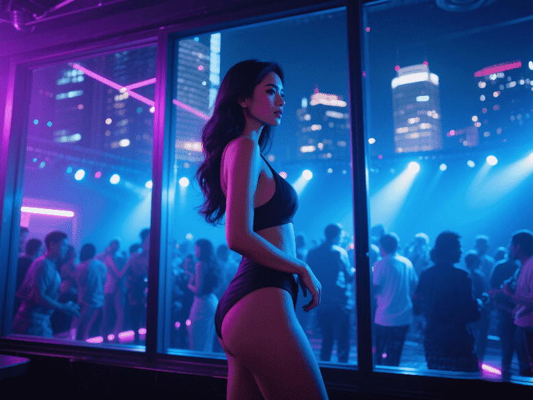 Woman in lingerie at a nightclub with a city skyline backdrop and a crowd of people.