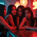 Five women in black tops at a bar with red and blue lighting.