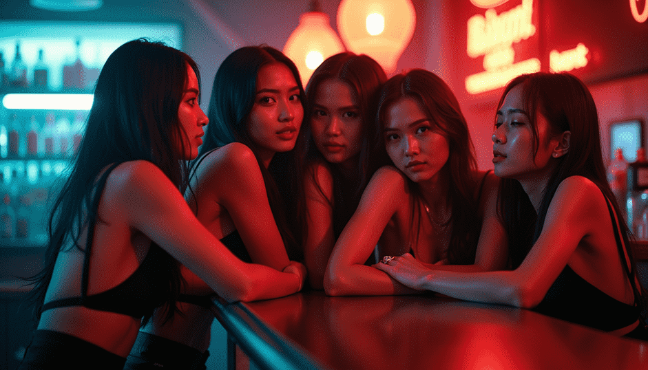 Five women in black tops at a bar with red and blue lighting.
