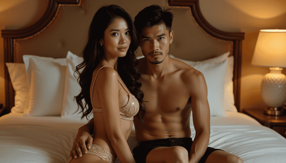 Couple posing on a bed in a hotel room