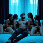 Man in bed surrounded by women