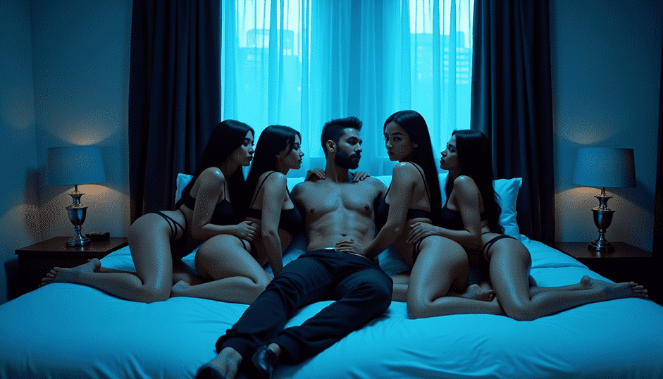 Man in bed surrounded by women
