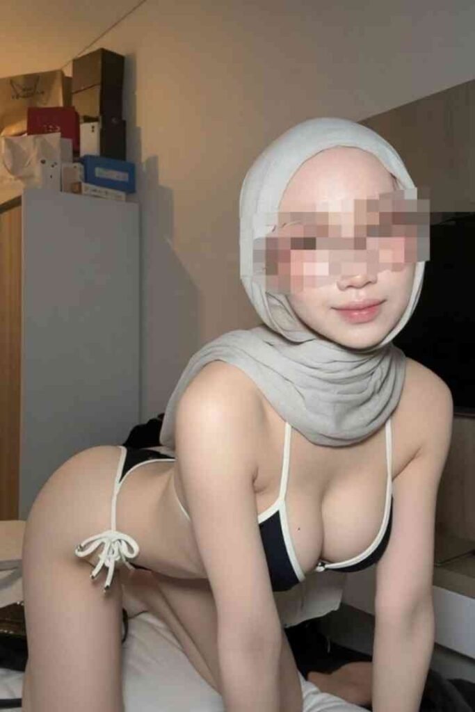 Young woman in hijab and bikini poses provocatively.