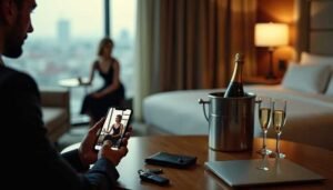 Man taking photo of woman in hotel room with champagne, Kuala Lumpur outcall