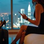 Woman in black dress on hotel bed with Kuala Lumpur skyline view