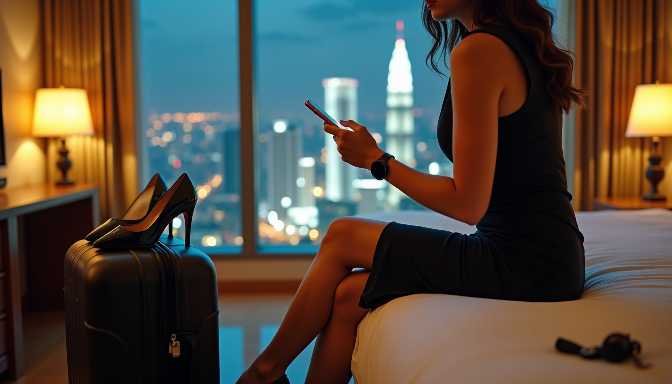 Woman in black dress on hotel bed with Kuala Lumpur skyline view