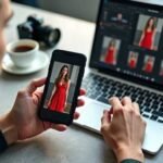 Man editing photos on laptop and phone, comparing image of woman in red dress.