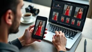 Man editing photos on laptop and phone, comparing image of woman in red dress.
