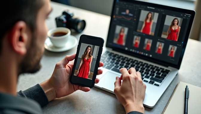 Man editing photos on laptop and phone, comparing image of woman in red dress.