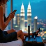 Woman in black dress using smartphone in hotel room with city view