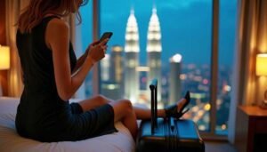 Woman in black dress using smartphone in hotel room with city view