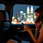 Woman in a luxury car at night, using phone with city skyline background.