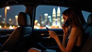 Woman in a luxury car at night, using phone with city skyline background.
