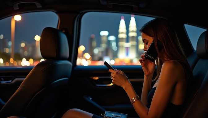 Woman in a luxury car at night, using phone with city skyline background.
