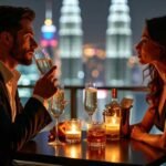 Couple toasting with champagne at a romantic dinner with city lights