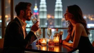 Couple toasting with champagne at a romantic dinner with city lights