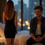 Couple in hotel room with city view, woman in black dress, man with phone
