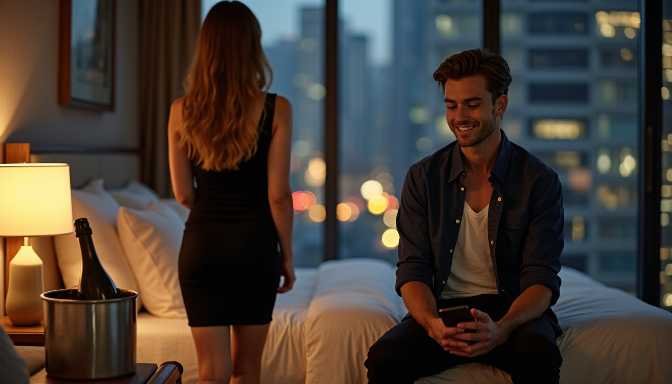 Couple in hotel room with city view, woman in black dress, man with phone