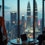 Couple in a luxury hotel room with city skyline view at night