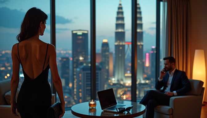 Couple in a luxury hotel room with city skyline view at night