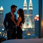 Couple in formal wear embracing in a hotel room with city skyline view