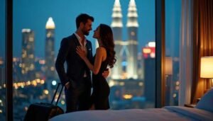 Couple in formal wear embracing in a hotel room with city skyline view
