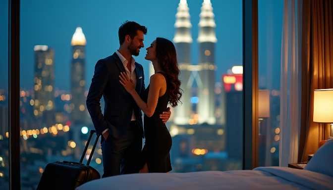 Couple in formal wear embracing in a hotel room with city skyline view