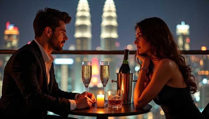 Couple enjoying a romantic dinner with city skyline view