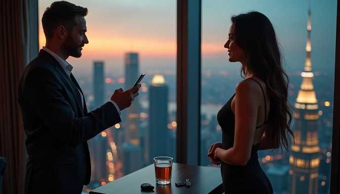 Couple in formal attire overlooking city skyline at sunset